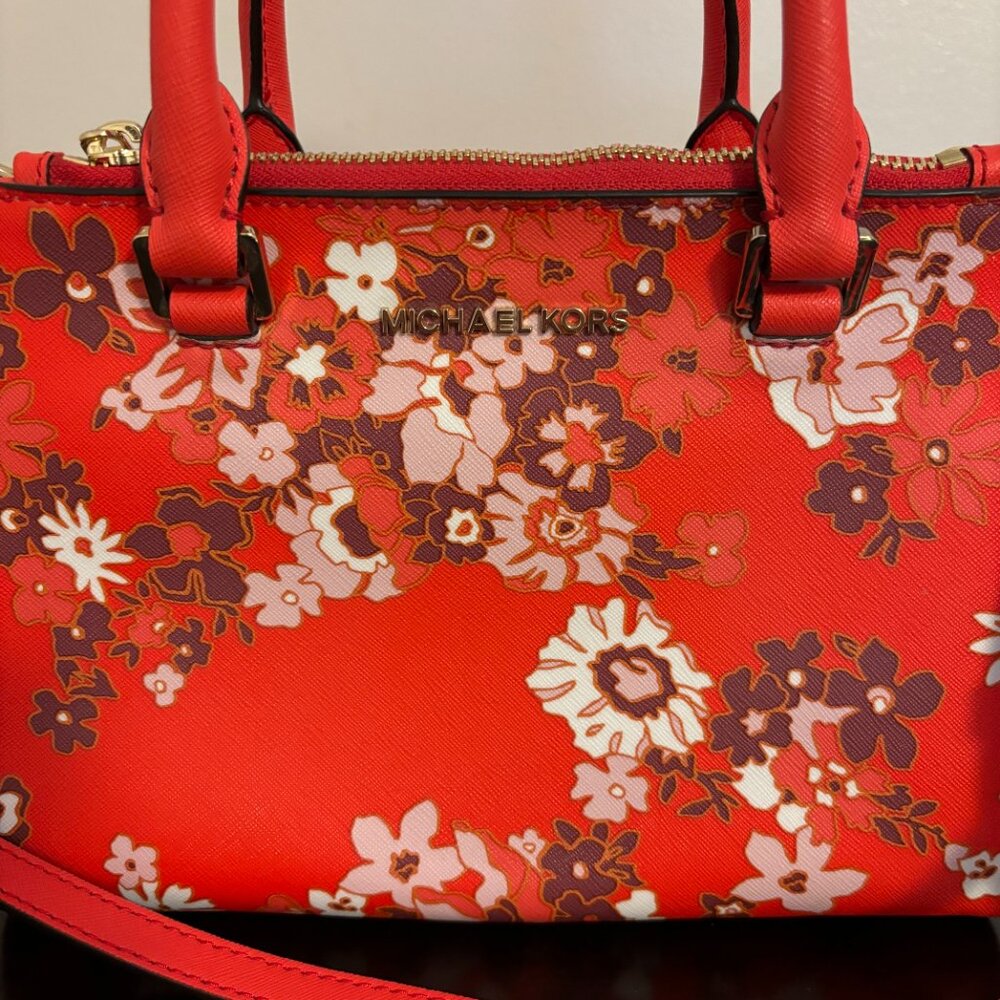 Michel Kors Kellen Red Sangria Floral Saffiano Leather Satchel Crossbody - Picture 2 of 12